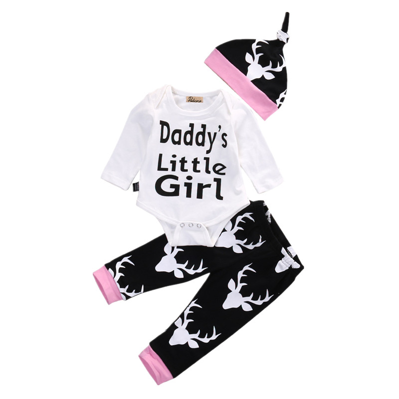 Newborn Toddler Infant Baby Girls Little Girl Long Sleeve Tops Romper Long Pants Hat Outfits Set Casual Clothes
