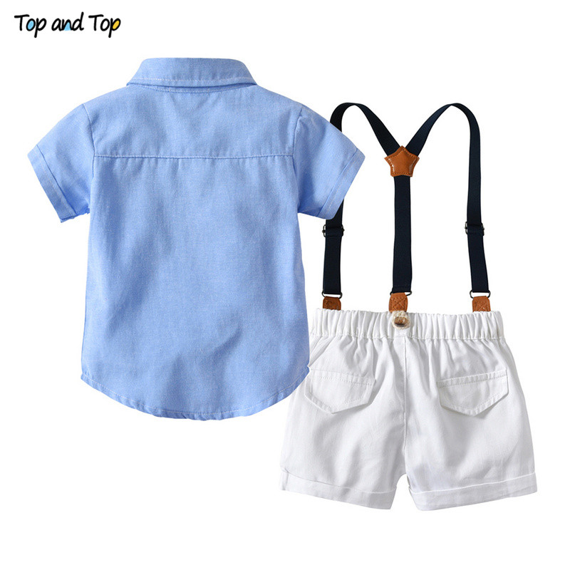 Top and Top Fashion Kids Baby Boys Summer Gentleman Bowtie Shirt Top+Suspenders Shorts Clothes Set Roupa Infantil Menino