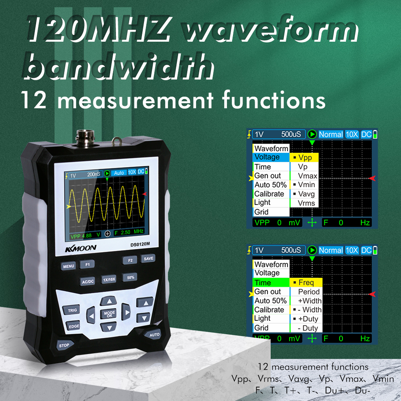 KKmoon DS0120M Digital Oscilloscope 120MHz Bandwidth 500MSa/s Sampling Rate Professional Tool with Backlight Waveform Storage