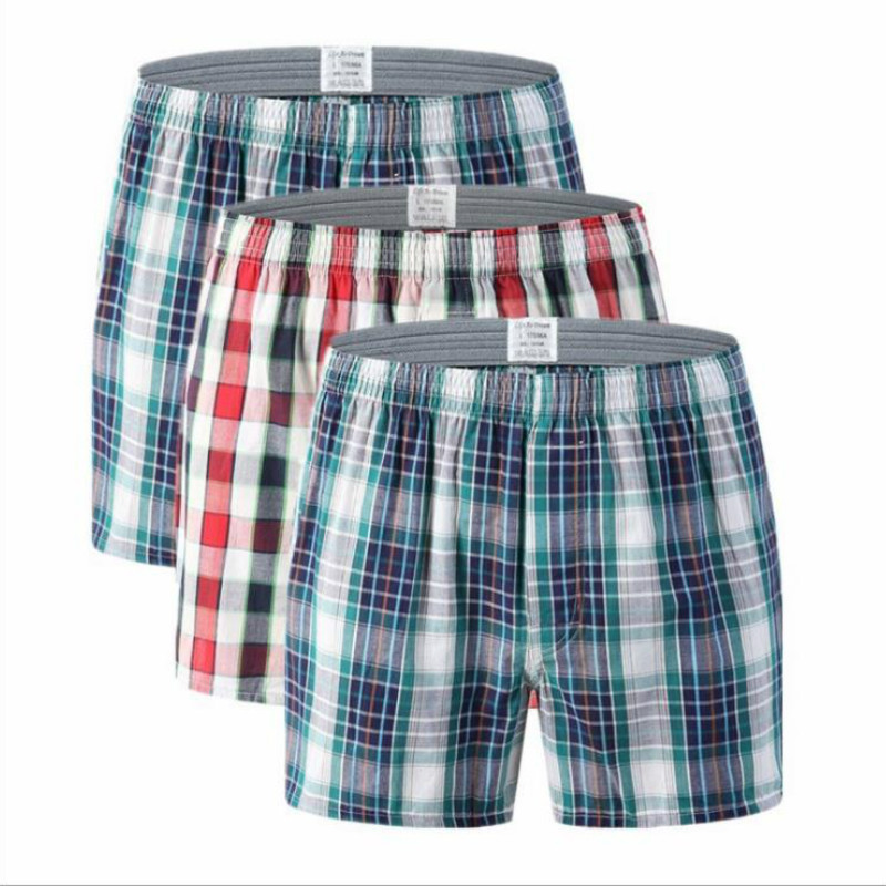 3 Pcs/lot Men's Casual Loose Cotton Patterned Sports BoxerShorts Plaid Mid Waist Underwear Plus Size Boy Long Leg Underpans