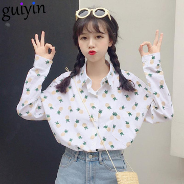 Korean Version Small Fresh Pineapple Print Blouse Shirts Women Spring Summer Top For Women Fashion Buttons Long Sleeve Top Women