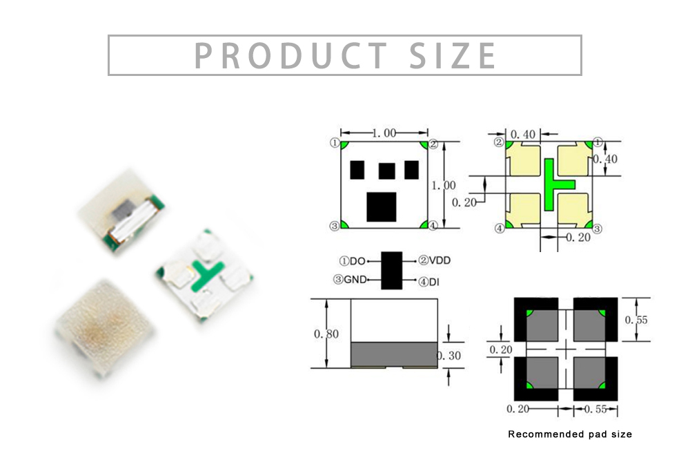 Size of 1010RGB-WSIC Addressable 1010 RGB LED 0404 (1010 metric) Standard LEDs 1010 RGB LED with Build-in IC