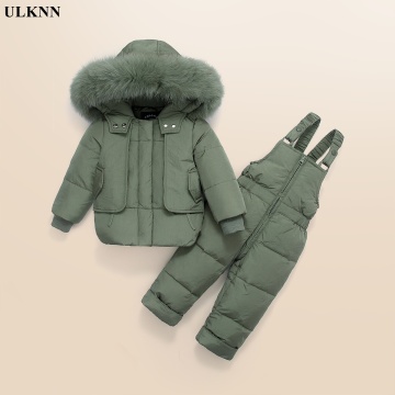 ULKNN Winter Children Clothing Sets Kids Down Coat Jacket Hooded Parkas+Bib Pants Jumpsuit Boy Fur Snowsuits Baby Girl