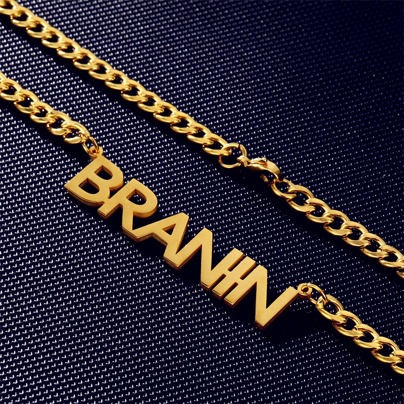 Stainless Steel Nameplate Letter Pendant & Necklace Custom Name Gold Color 5mm Cuban Chain Choker Necklaces Men Women Hip Hop