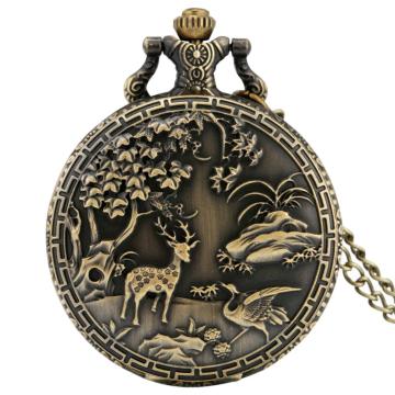 Antique Elk Cranes Design Quartz Pocket Watch Chain Necklace Pendant Steampunk Chain Pocket Fob Watch Clock Gifts Animal Watches