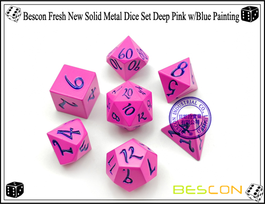Bescon Fresh New Solid Metal Dice Set Deep Pink with Blue Painting-1