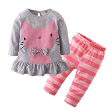 2Pcs Infant Toddler Baby Girls Clothing Set Cartoon Cat Print Long Sleeve Tops Pink Stripe Pants Autumn Newborn Clothes Outfits