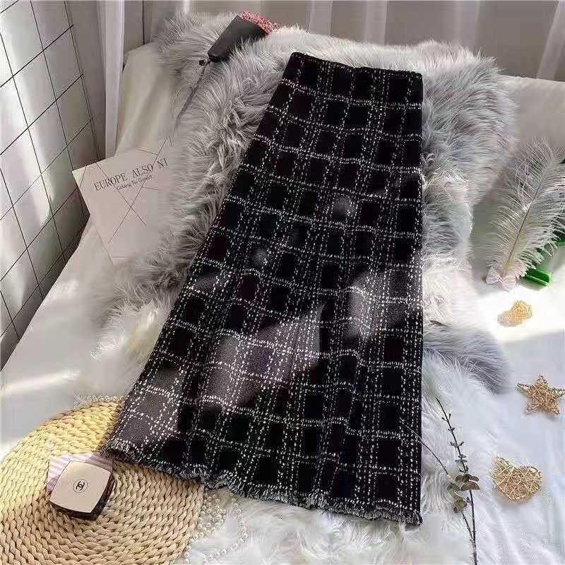 Vintage Plus Size Black Plaid Tweed Skirt Women Midi Long High Waist A-line Knitted Skirt Office Lady Slim Business Work Clothes