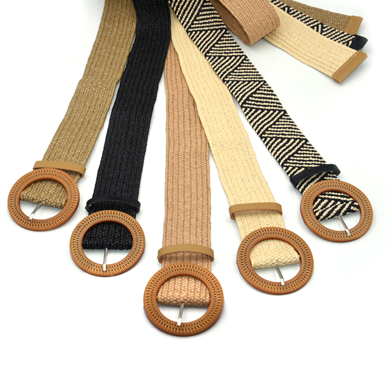 Summer Women Braided Elastic Belt Round Square Wooden Buckle Vintage Bohe Straw Buckle Belt Women Knitted Belt Dress Belt