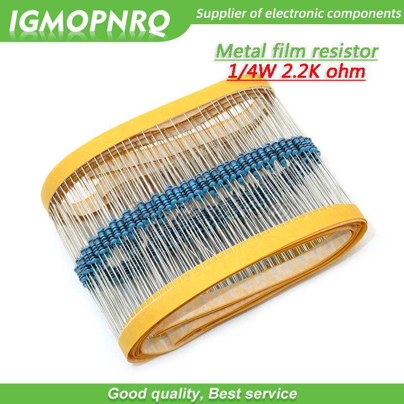 100pcs Metal film resistor Five color ring Weaving 1/4W 0.25W 1% 2.2K 2.2K ohm 2.2Kohm