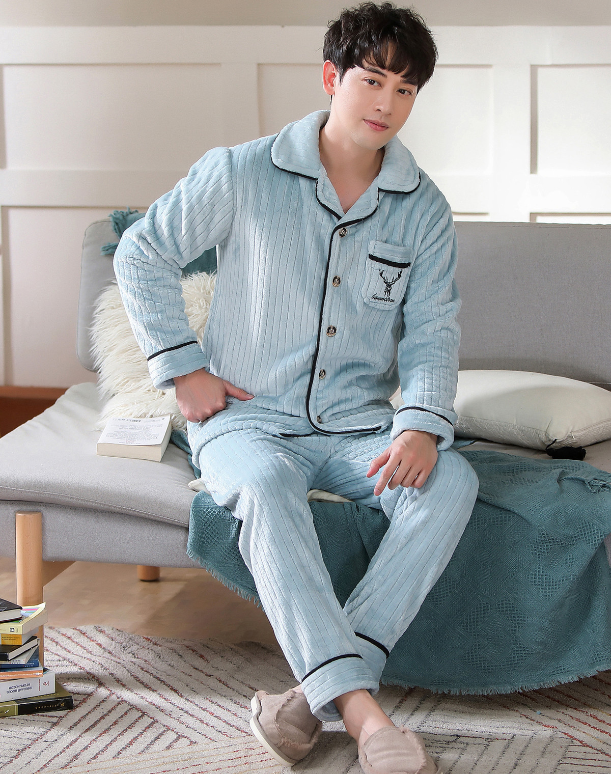 Autumn Winter Men's Flannel Pyjamas Blue Thicken Warm Pajamas Set Casual Male Sleepwear Pyjamas Night Pijamas 3XL Homewear