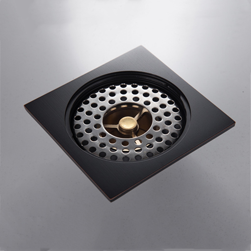 LIUYUE Floor Drains Brass Black Square 10×10 cm Bathroom Shower Floor Drain Waste Grate With Hair Strainer Hardware Accessories