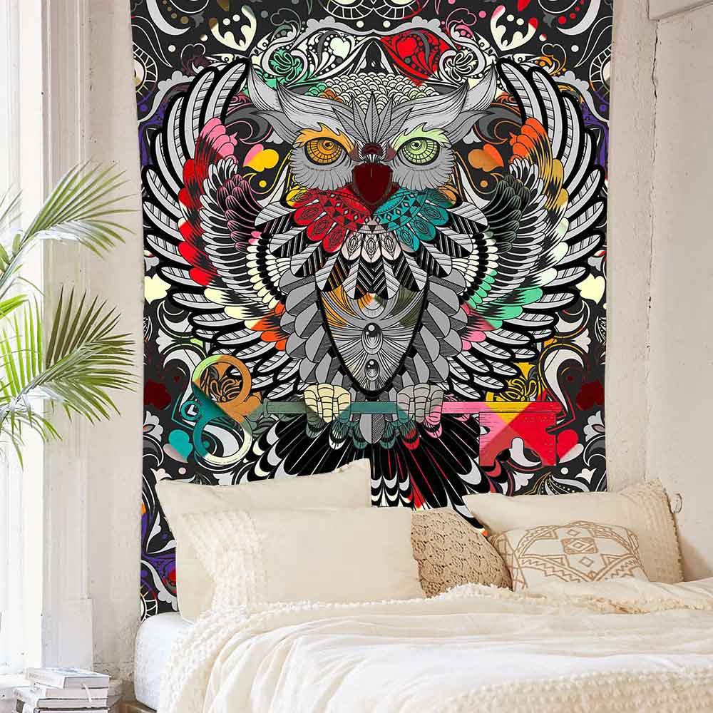 Simsant Sacred Tree Moon Phase Tapestry Animal Night Owl Dragon Peacock Feather Tapestry for Apartment Decor
