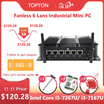 Fanless Industrial Mini PC Intel Core i5 7267U i3 7167U 3865U Firewall PC Pfsense Router 6 Lans 4*USB3.0 2*RS232 HDMI 4G/3G WiFi