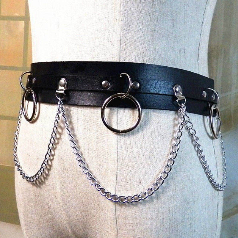 Women Faux Leather Belt With Metal Chain Punk Belts Street Dance Party Waist Ornament LL@17