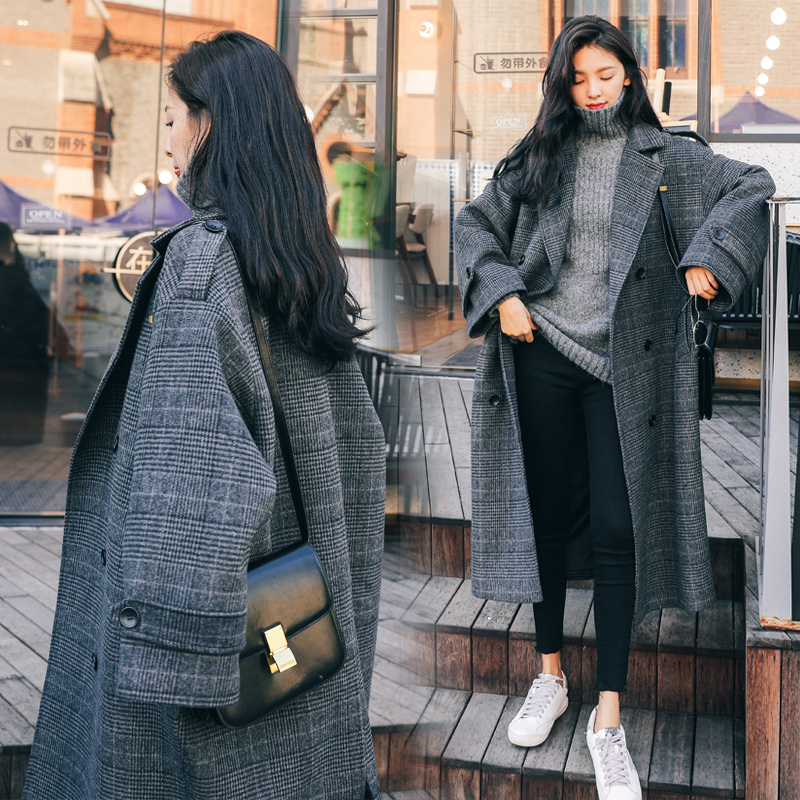 2020 Winter New Arrival Women Warm Wool Coat Fashion Chic Plaid Epaulet Blends Outwear Female Korean Loose Streetwear Long Coats