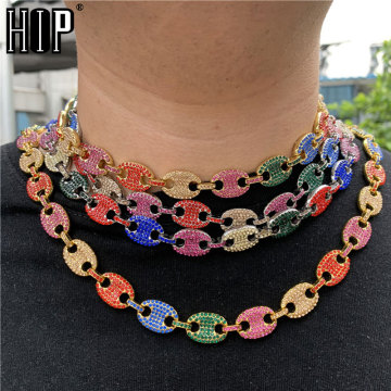HIP HOP 13MM Iced Out CZ Multi-Colors Coffee Bean Pig Nose Alloy Rhinestone Charm Link Chain Bling Necklaces for Men Jewelry