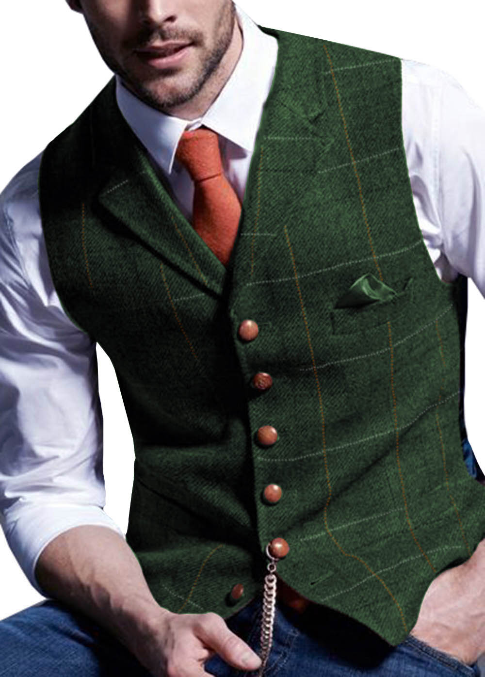 Mens Suit Vest Notched Plaid Wool Herringbone Tweed Waistcoat Casual Formal Business Groomman For Wedding Green/Brown/Green/Grey