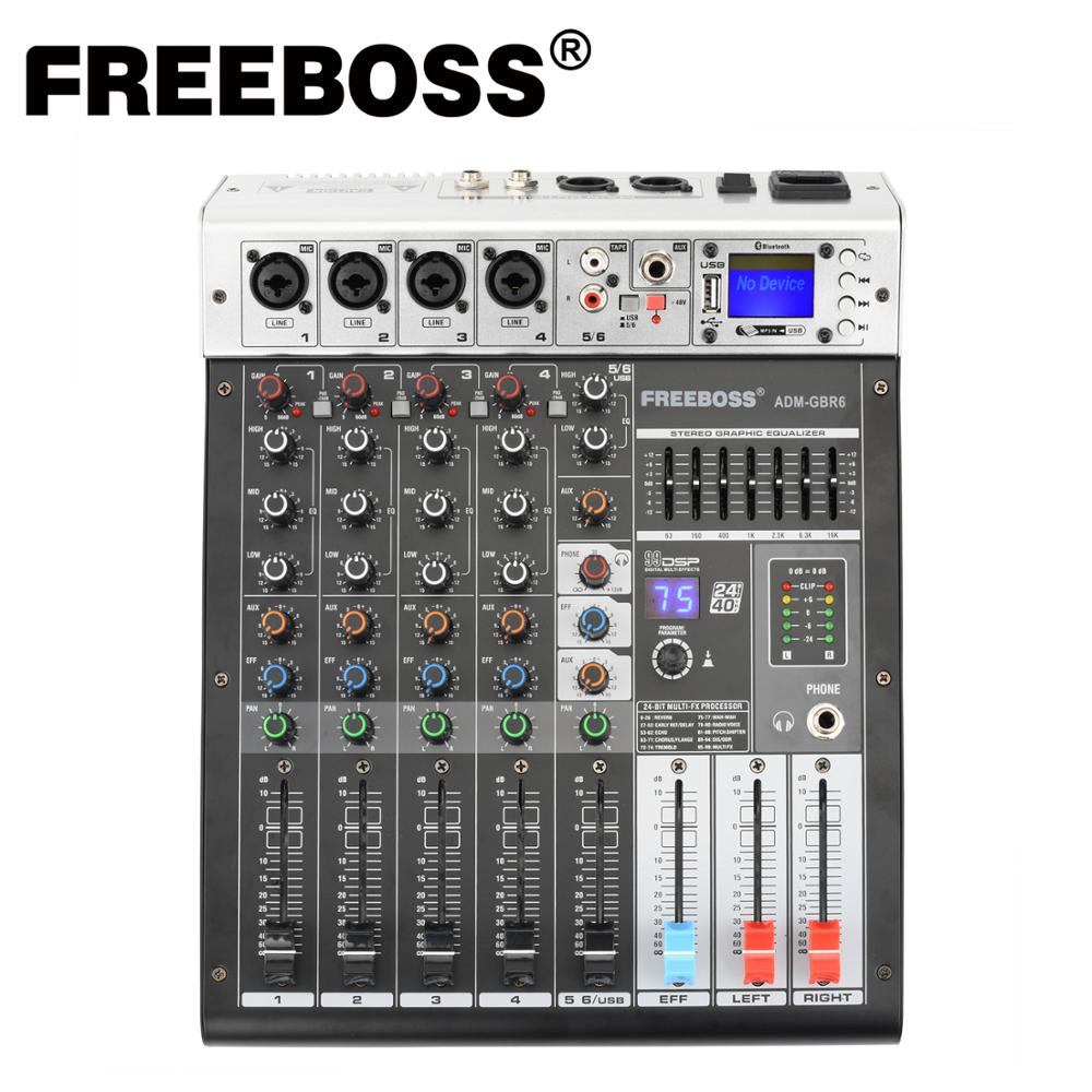 Freeboss ADM-GBR6 48V Phantom Power Repaeat Effect USB Function Bluetooth Karaoke DJ console 99DSP Mixer Audio 6 Channel