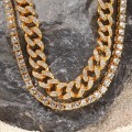 UWIN 2 Necklaces Fashion Hiphop Jewelry 13mm Cuban Link Chain With 5mm Iced Out Rhinestones Tennis Chains Gold Color Necklace