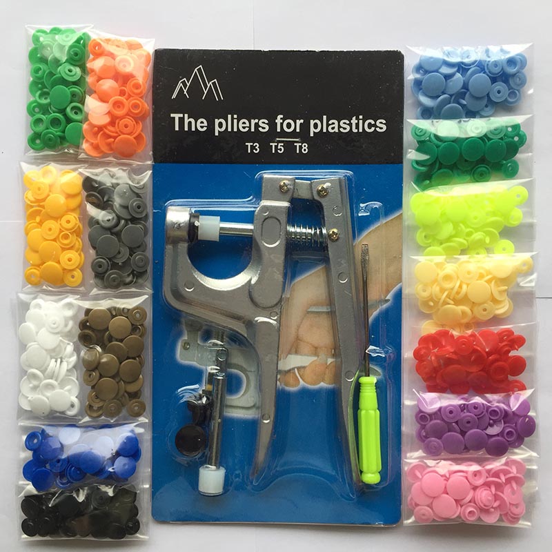 Snap Fastener Pliers KAM Button+150 set T5 Mix Plastic Resin Buttons 12mm Press Stud Cloth Button Press Machine Sewing Tools