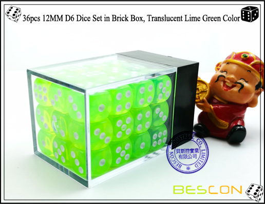 36pcs 12MM D6 Dice Set in Brick Box, Translucent Lime Green Color-3