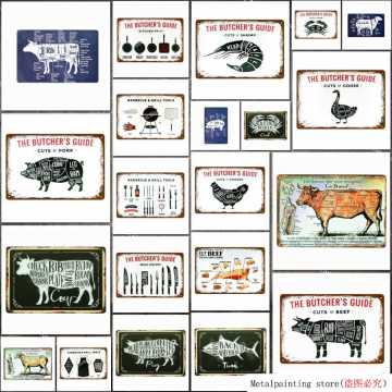 Butchery Vintage Metal Guide Signs Cut Beef Chicken Pig Duck Kitchen Poster Decorative Plaques Wall Plate Stickers N