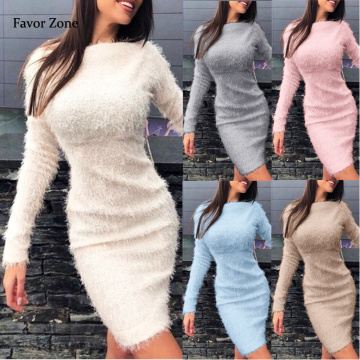 Bodycon Plush Dress 2020 Winter Autumn Women Sexy Elegant Solid Color Party Night Dresses Long Sleeve Warm Fashion Casual Dress