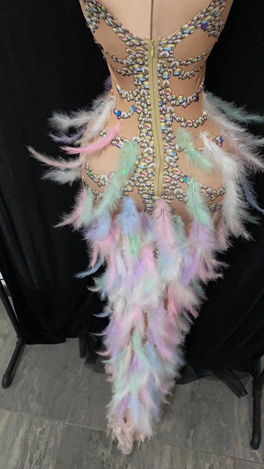 Sexy Stage Multi-color Rhinestone Pearl Sequin Feather Slit Feather Dress Prom Birthday Celebrate Dress Women Dancer Show Dress