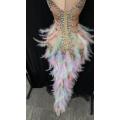 Sexy Stage Multi-color Rhinestone Pearl Sequin Feather Slit Feather Dress Prom Birthday Celebrate Dress Women Dancer Show Dress