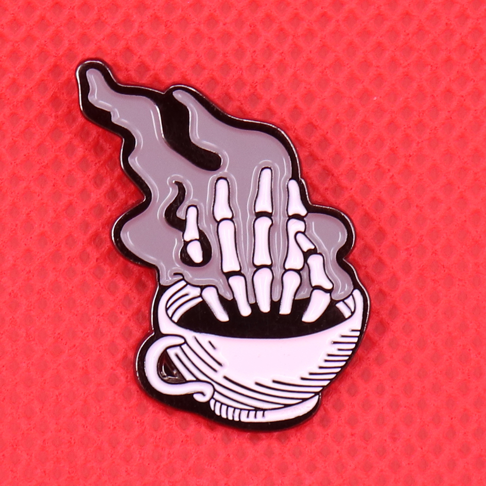 Death before decaf enamel pin coffee cup brooch skeleton badge horror art jewelry coffee addict pins caffeine lover gift