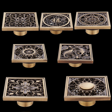 10*10cm Euro Style Antique Brass Flower Art Carved Euro Floor Drains Square Floor Drain Strainer Dropshipping