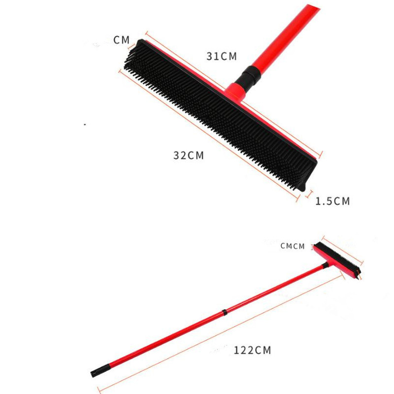 Long Push Broom Handle Rubber Bristles Adjustable Sweeper Squeegee Edge with Soft Rubber Bristles Suitable for Removing Pet Hair