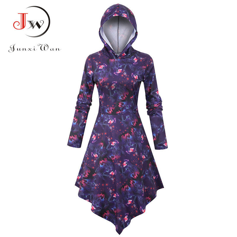 Women Autumn Winter Long Sleeve Print Halloween Dress Casual Hooded A-line Irregular Party Dresses Vestidos Robe Femme Plus Size