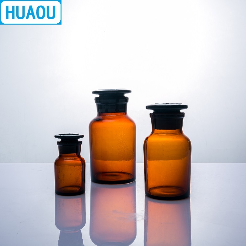 HUAOU 60mL Wide Mouth Reagent Bottle Brown Amber Glass with Ground in Glass Stopper Laboratory Chemistry Equipment