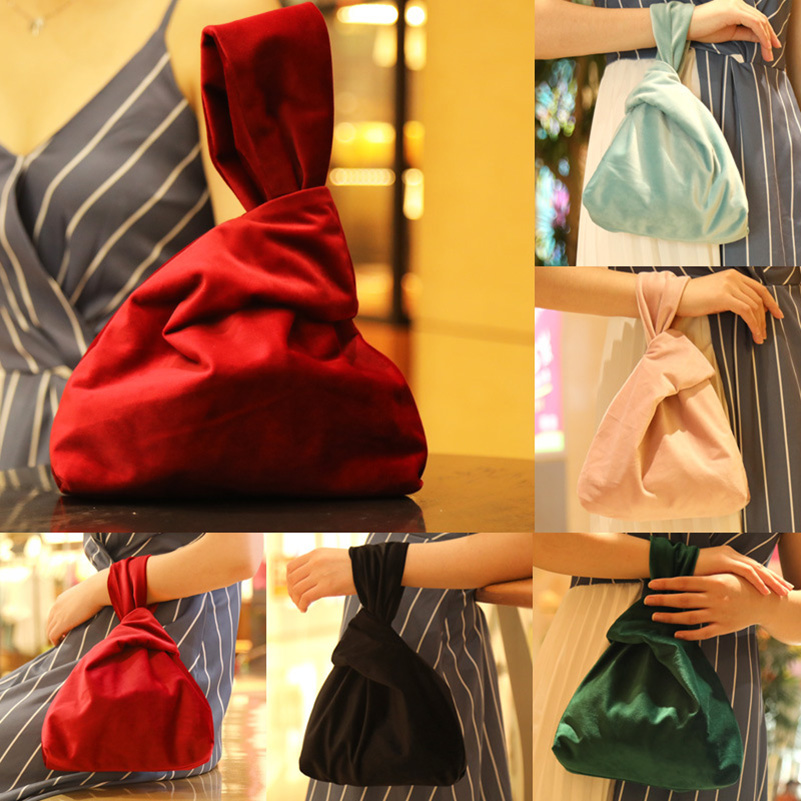 Japanese Style Vintage Wrist Bag Knot Small Handbag Women Travel Portable Purse Pouch Velvet Bags Makeup Tools Storage Organizer