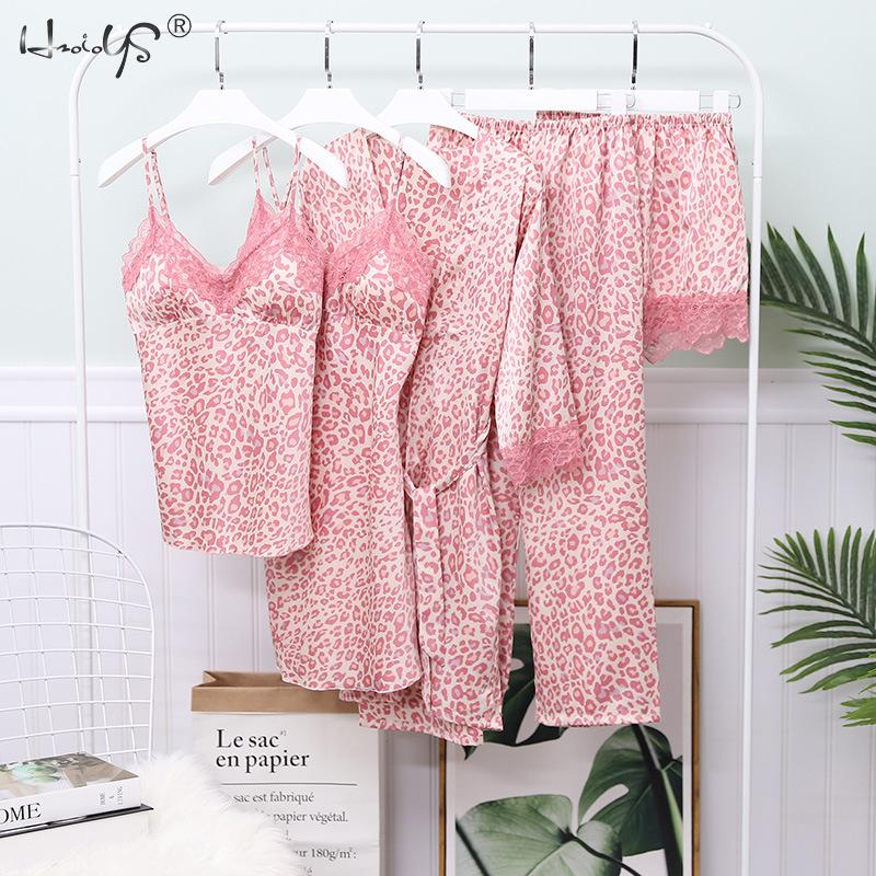 Women Sexy V-neck Satin Sleepwear 5 Pieces Pyjamas Sexy Lace Pajamas Sleep Lounge Pijamas Silk Night Robe Set Pajama Sets