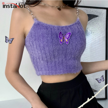 InstaHot Purple Knitted Spaghetti Strap Camis Sleeveless Sexy Butterfly Casual Elegant Sweet Streetwear Tank Top Stretch Cami