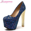 Lasyarrow Brand Shoes Women Platform High Heels Pumps Round Toe Bling Bling Silver Party Wedding Shoes Thick Heels Big Size F79