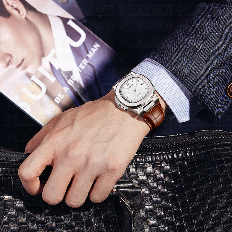 PLADEN Man Watches 2020 Modern Top Luxury Sports Wristwatch Date Calendar Moon Phase Leather Watches Strap Gift Boyfriend PP