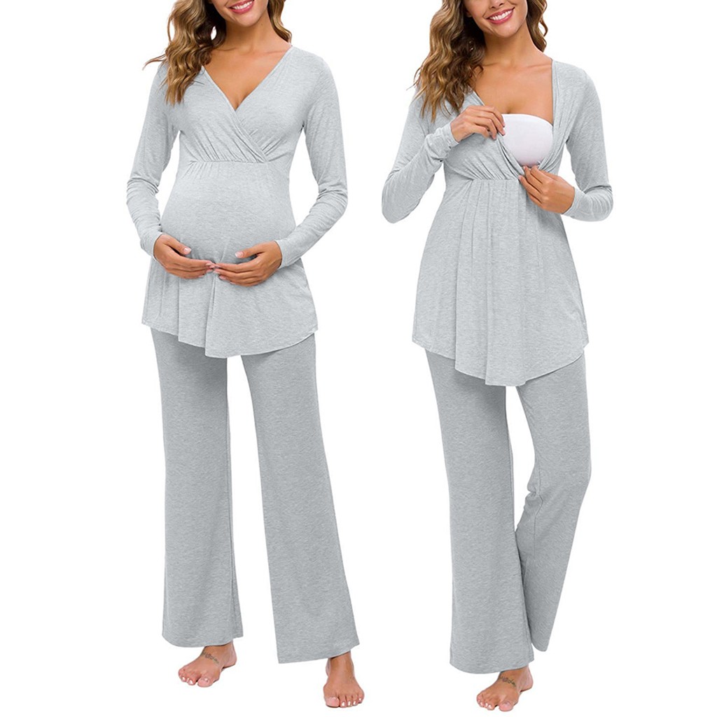 Women Maternity Autumn Winter Sleep Lounge Long Sleeve Nursing Baby T-shirt Tops+Pants Pajamas Set Suit winter clothes women