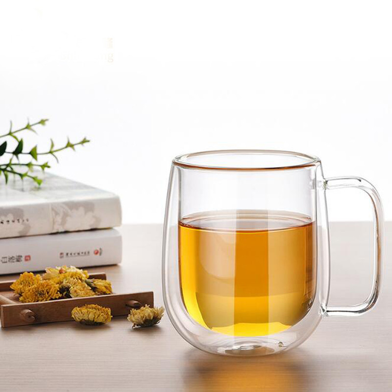 1pc Lead-free Double Wall Handmade Glass With Handle Heat Resistant Milk Drink Cup Insulated Clear Glass Tea Coffee Drinkware