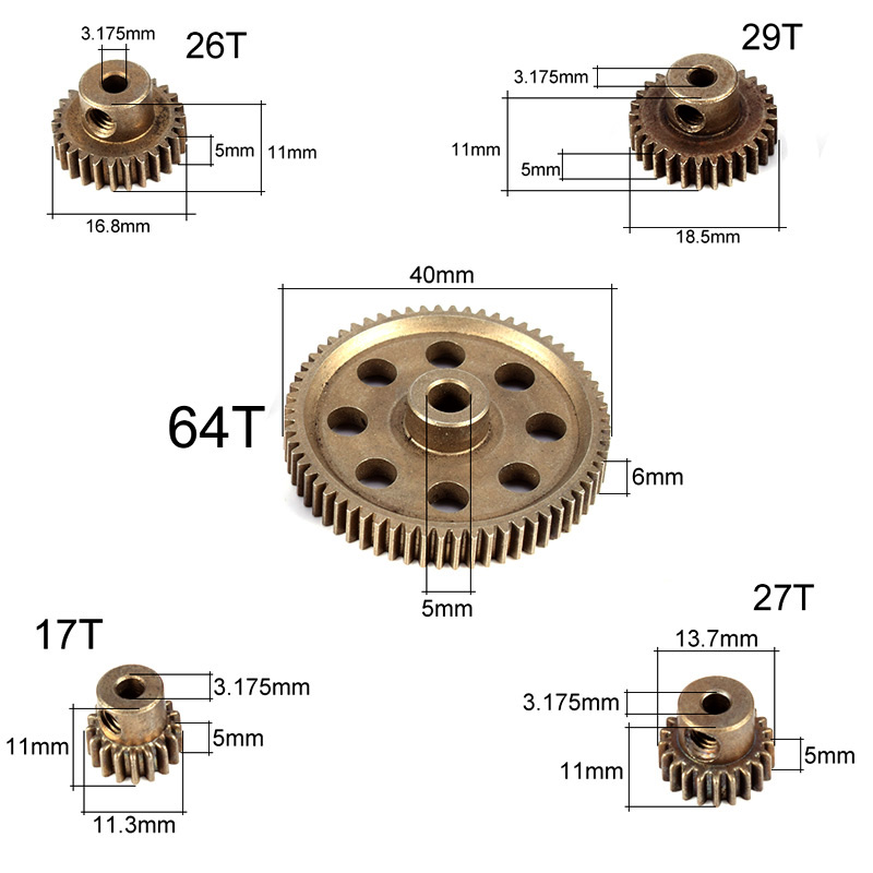 5pcs Metal Diff Differential Main Gear 5MM 64T Motor Pinion Gears 3.17MM 17T 21T 26T 29T for Traxxas Hsp Redcat 11164 RC Truck