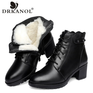 DRKANOL 2020 Natural Wool Winter Warm Women Snow Boots Genuine Leather Ankle Boots Women Waterproof Shoes Thick High Heels Boots