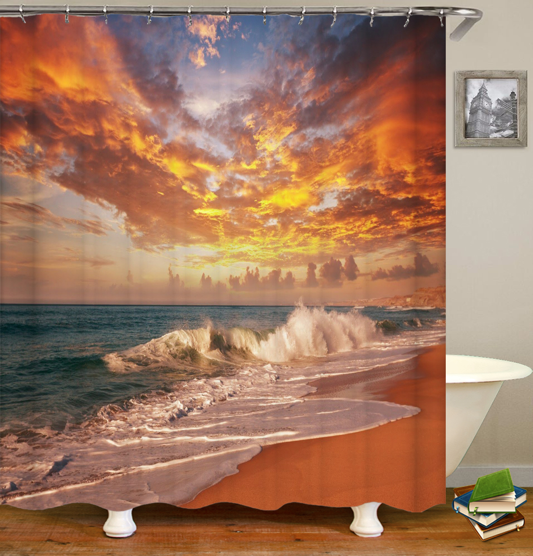 Sunlight Ocean Beach Fabric Shower Curtain Bathroom Curtains Sunset Dusk Sea Animal Dolphin Bath Screen with 12 Hooks