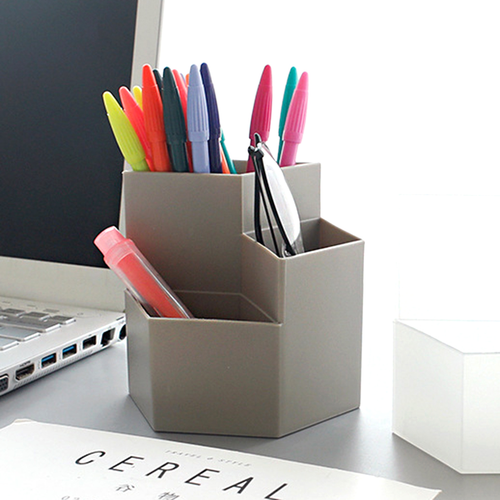 Multi-function 3-Grid Desktop Pen Holder Office School Pencil Storage Case Plastic Desk Brush Stand Box Makeup Sundries Organize