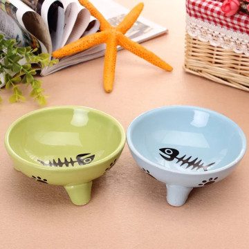 High Quality Cute Round Cat Bowl Blue Green Pet Bowl Stable Stand Cat Food Basin Home Room Cat Feed Ceramic Bowl 12cm Fish Bone