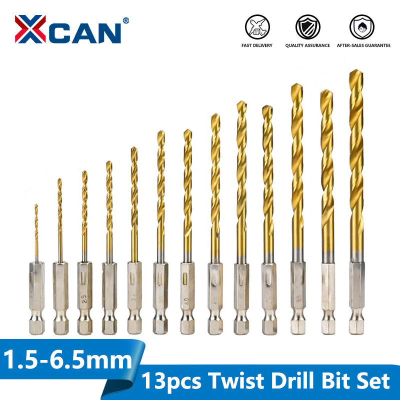 XCAN 13pcs Twist Drill Bit Set 1.5-6.5mm Titanium Coated HSS Gun Drill Bit 1/4" Shank Sharpen Drill Bits Woodworking Hole Cutter