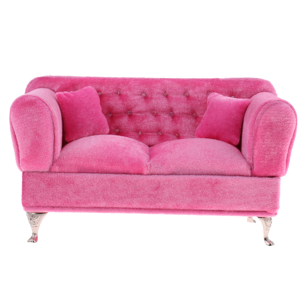 Dollhouse Pink Double Couch Long Sofa with Cushions Living Room Furniture Decor for 1/6 Scale Dolls Accessories Life Scenes