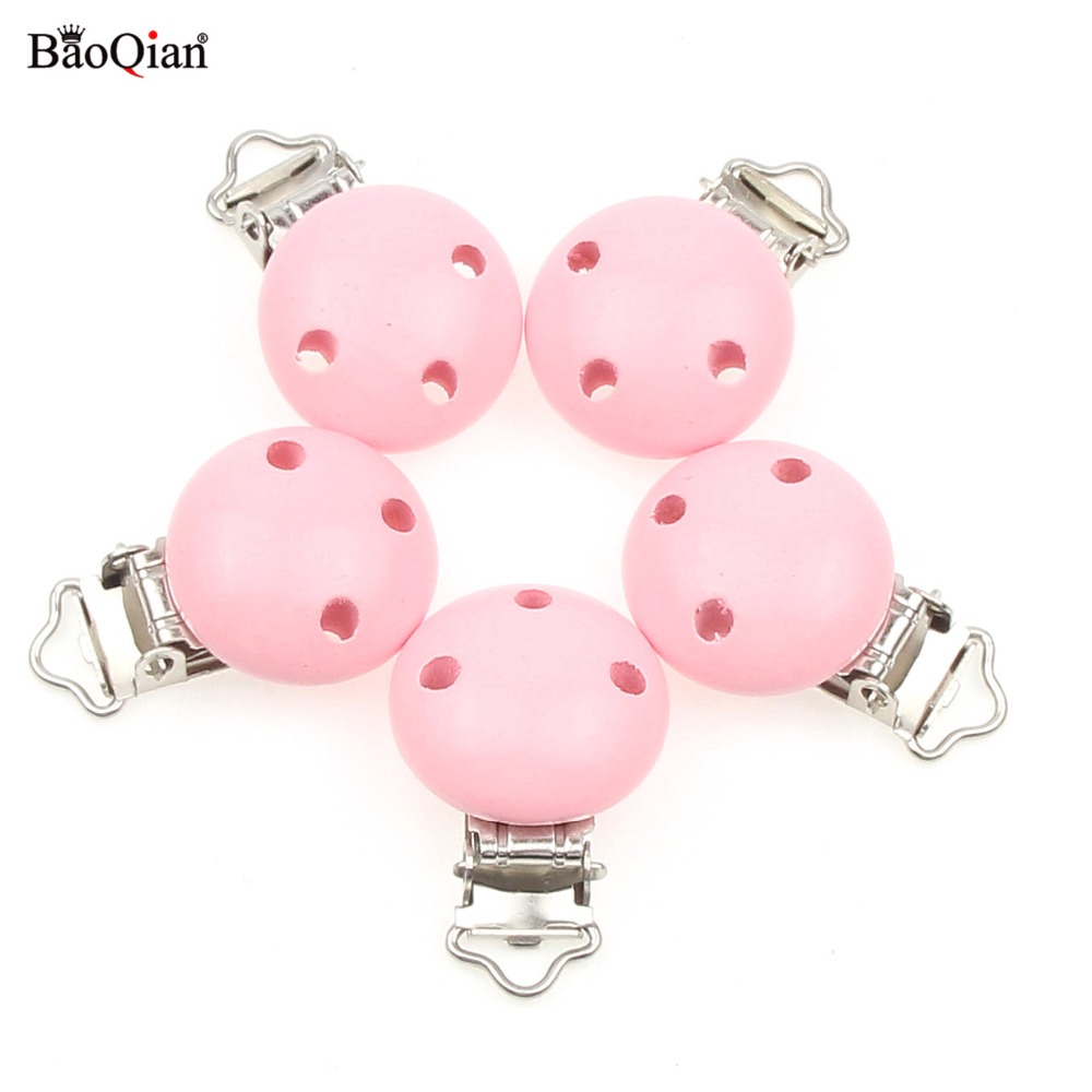 Pink 5Pcs Wooden Metal Baby Pacifier Clips Holders Clothing Round Clasps DIY Baby Suspender Garment Clips Accessories